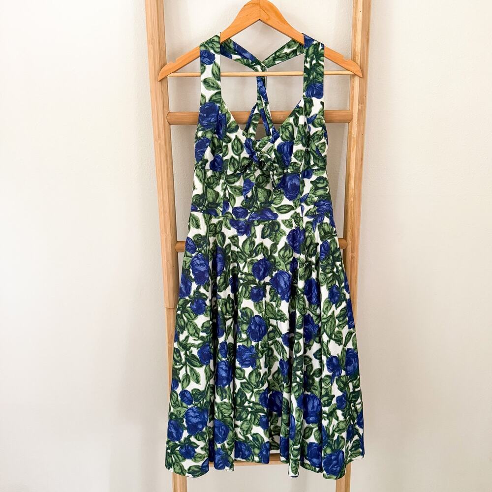 Milly of New York Midi Dress Size 10 Blue Floral Fit & Flare Cotton USA